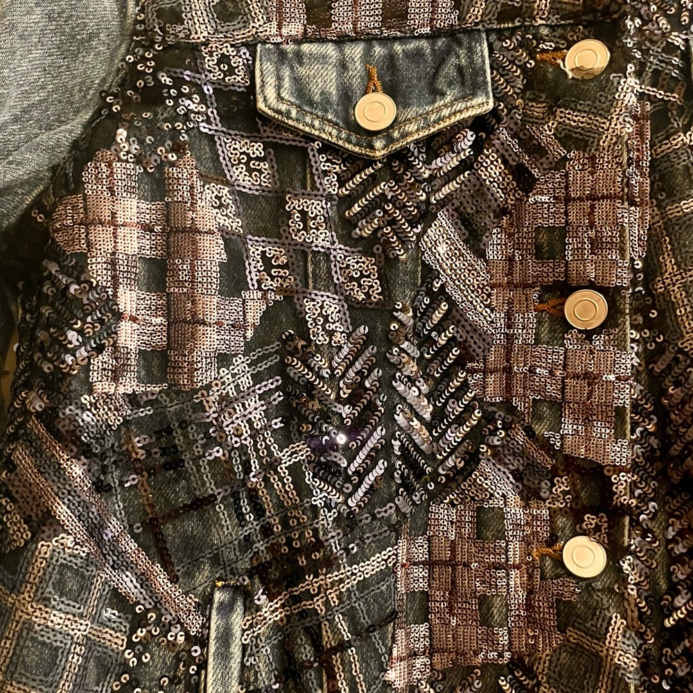 nwt ๐ denim moto jacket with abstract plaid sequins - Picture 15 of 16
